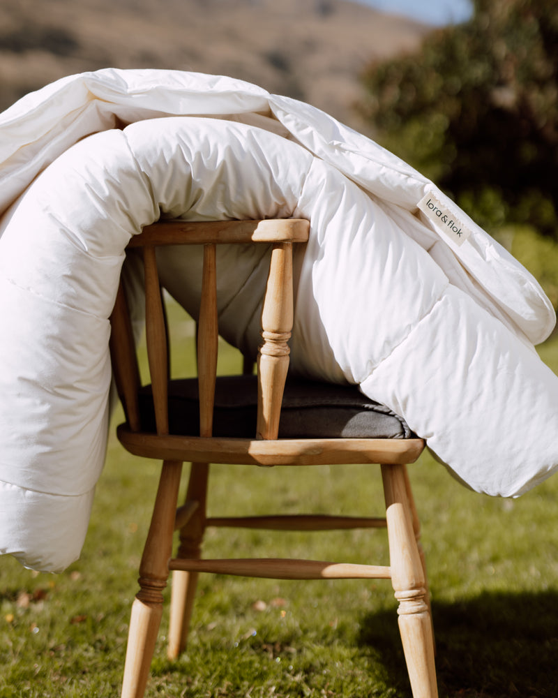 Wool duvet inner sitting on a chair on a New Zealand farm.